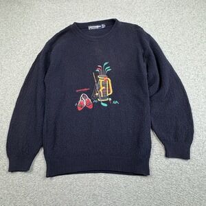 VTG Scottish Isle Navy Embroidered Golf Sweater Mens Medium‎ Preppy Casual Golf